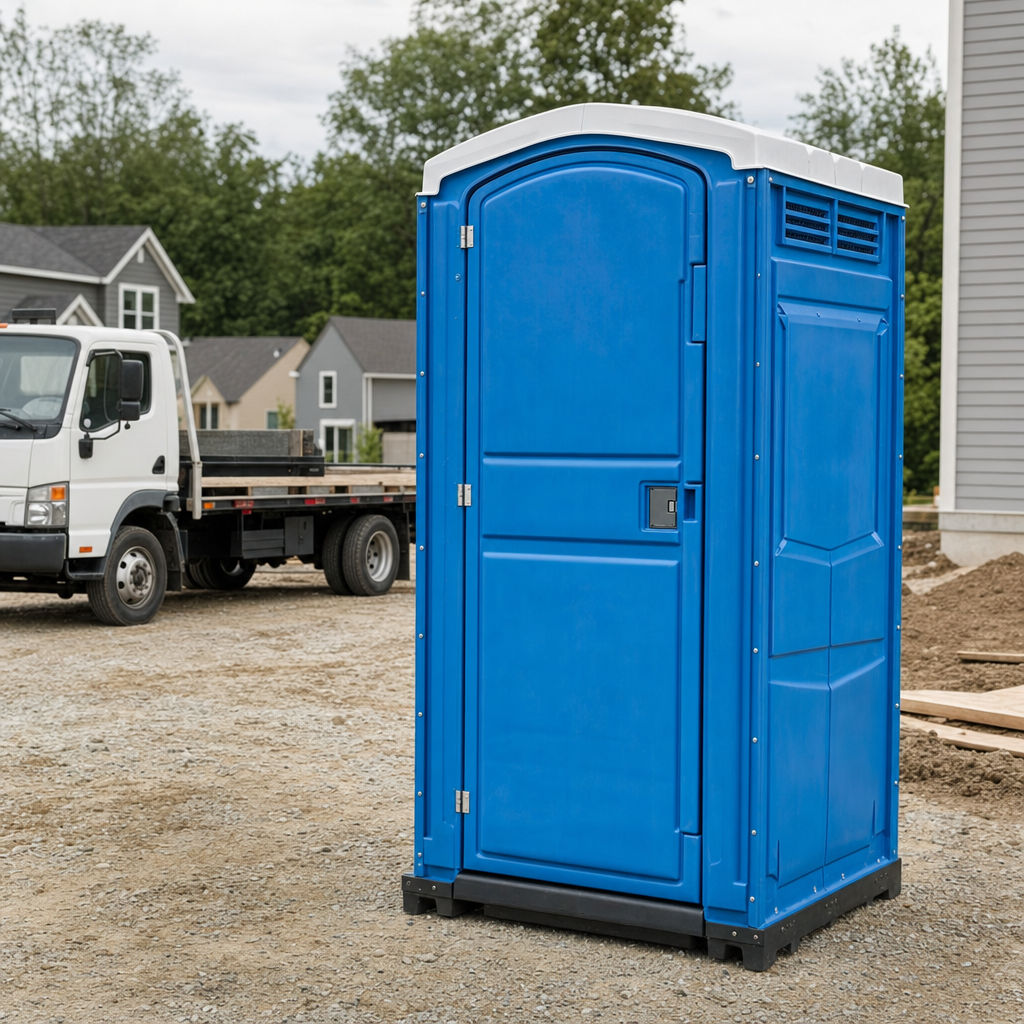 Delivery driver positioning a clean royal-blue portable toilet on level ground at a Austin worksite